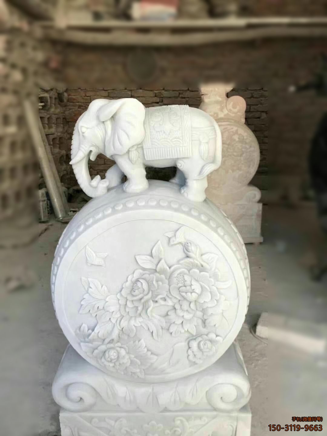 漢白玉牡丹浮雕門墩小象石門墩雕塑