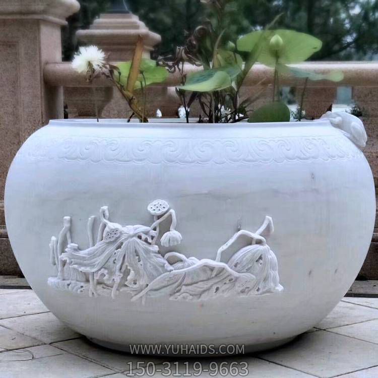 青石大理石庭院魚缸擺件仿古做舊魚缸戶外養魚缸擺件雕塑