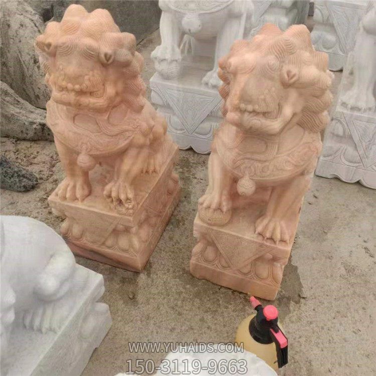 石雕晚霞紅雕刻 獅子 鎮宅招財別墅門口擺件雕塑