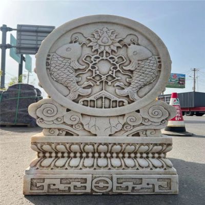 大理石做舊浮雕鯉魚花紋吉祥抱鼓石擺件