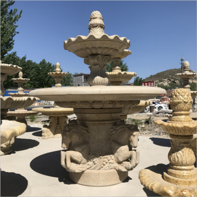 黃蠟石石雕噴泉流水缽，雙層黃色裝飾馬的水缽