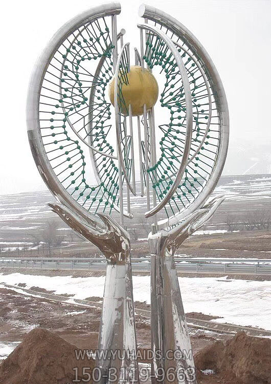 不銹鋼景觀標(biāo)識，雙手托舉圓形造型景觀雕塑