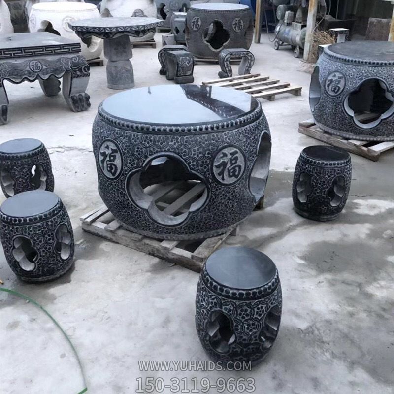 園林戶外擺放大理石黑休閑浮雕圓形石桌石凳雕塑