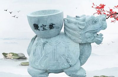 公園里擺放的帶聚寶盆的漢白玉石雕創意龍龜雕塑