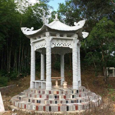 漢白玉六角石雕亭子，公園園林休息涼亭