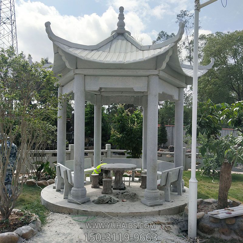 城市園林擺放青石仿古座椅靠背涼亭雕塑