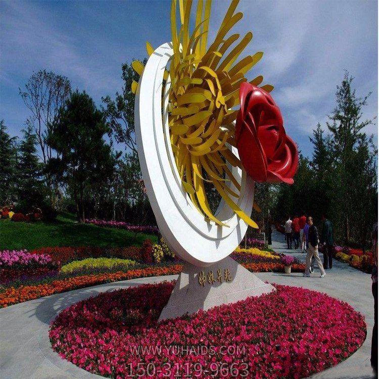 姊妹并艷，不銹鋼創意玫瑰花、菊花景觀雕塑