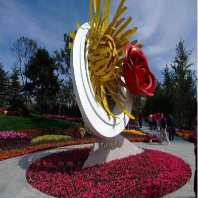 姊妹并艷，不銹鋼創意玫瑰花、菊花景觀雕塑