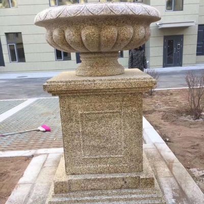 黃銹石石雕花盆，別墅庭院歐式花缽