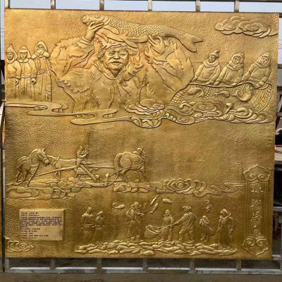 冰湖騰魚，漁文化主題浮雕，銅雕壁畫