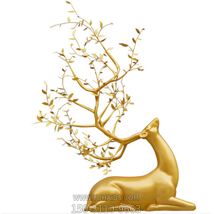 臥姿抬頭梅花鹿，樹葉修飾創(chuàng)意鹿雕塑