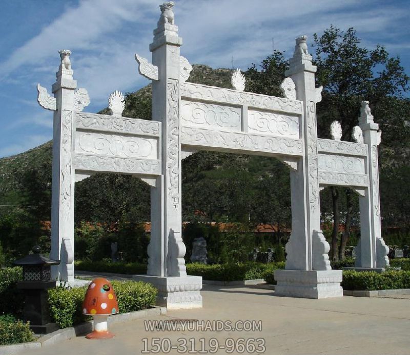 園林景觀漢白玉華表浮雕祥云三門(mén)樓石牌坊雕塑