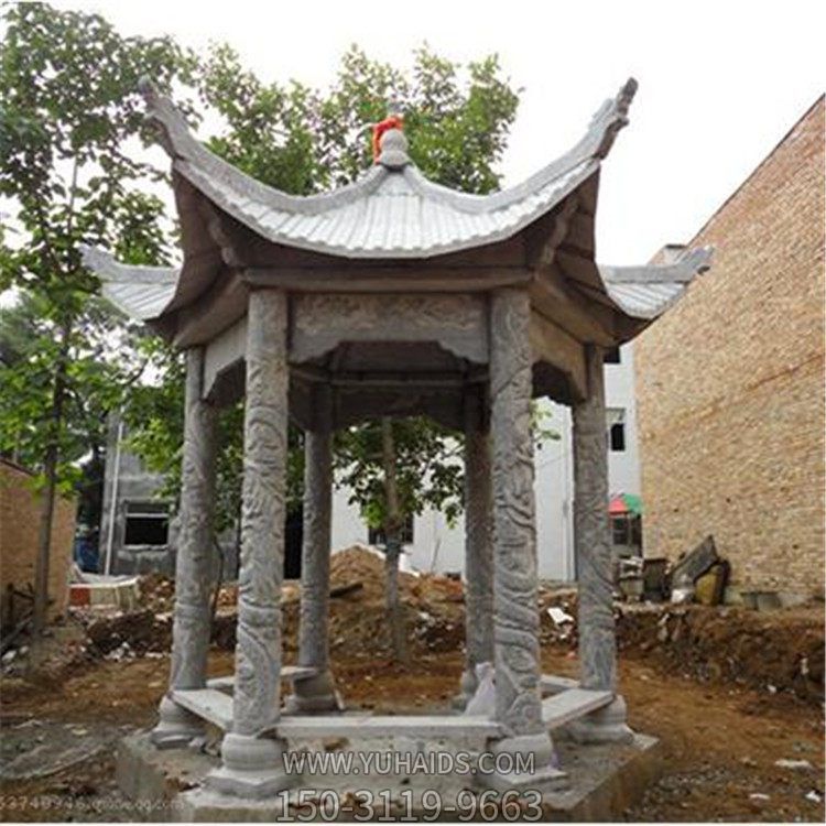  公園庭院擺放晚霞紅花崗巖石雕四角六角涼亭雕塑