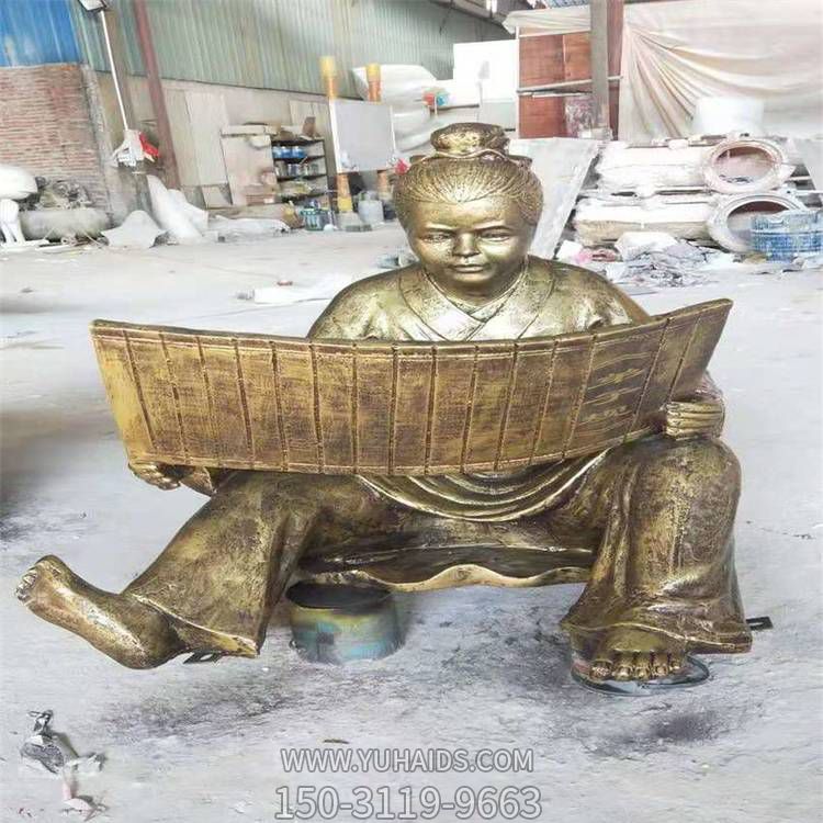 廣場校園綠地?cái)[放玻璃鋼仿銅古代坐姿看書兒童人像雕塑