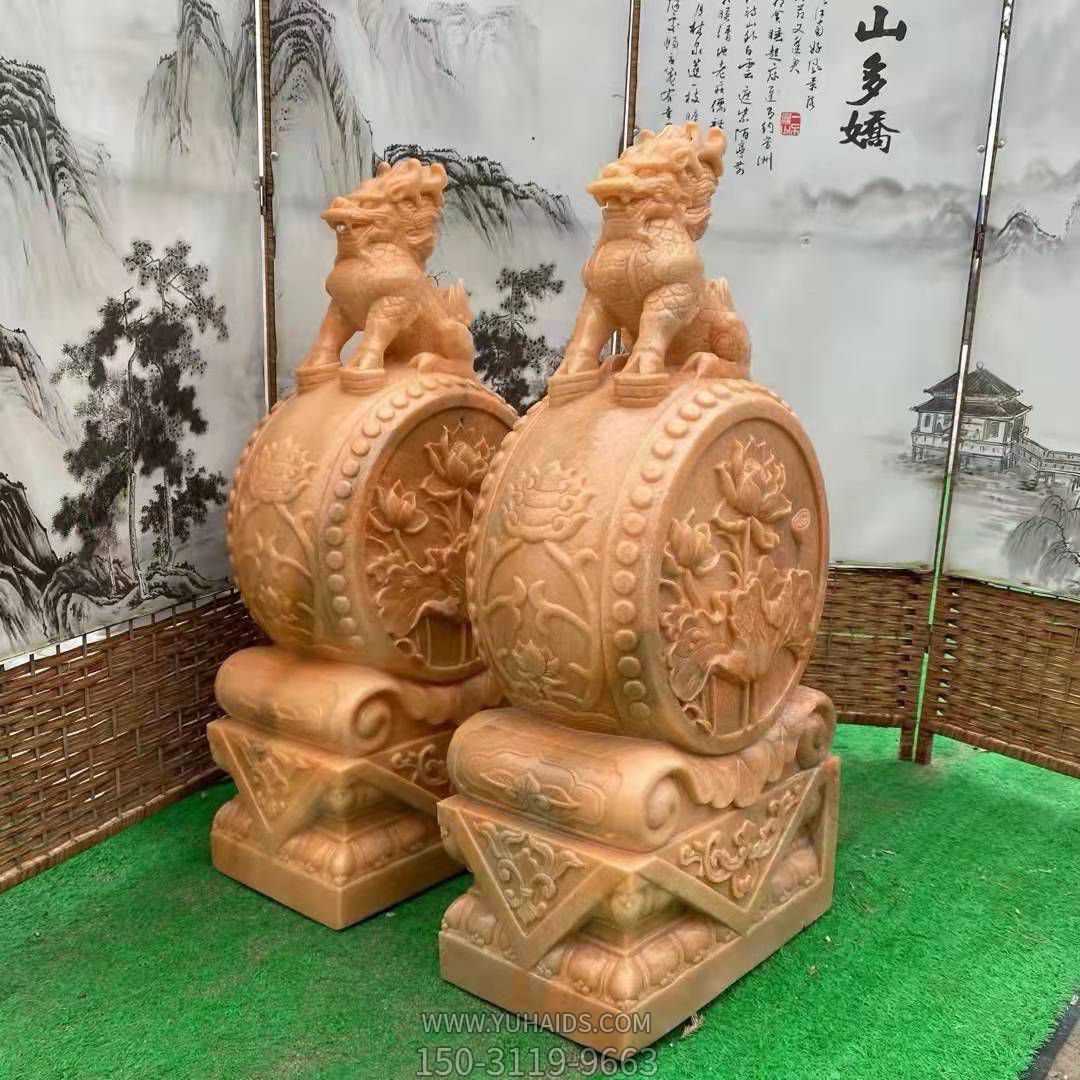 麒麟抱鼓石,晚霞紅荷花門墩雕塑