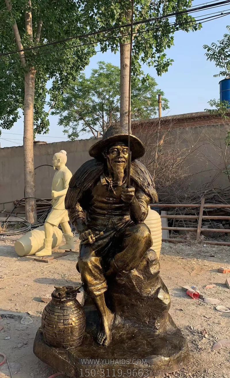 景區(qū)海邊公園漁翁釣魚(yú)玻璃鋼仿銅雕塑