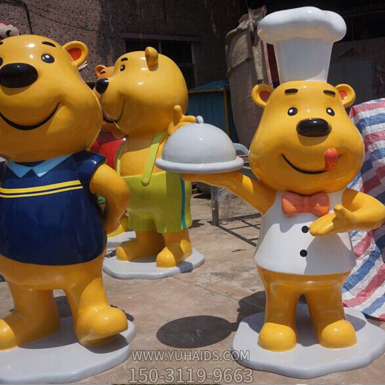 飯店擺放玻璃鋼卡通小熊廚師公仔雕塑