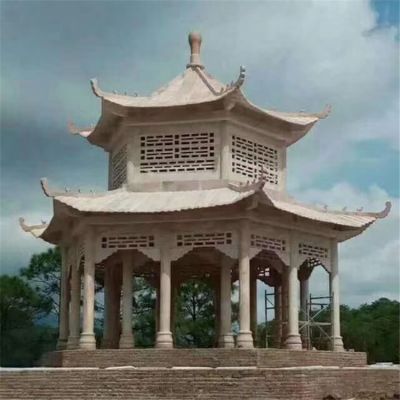 大型廣場擺放雙層鏤空大理石涼亭景觀