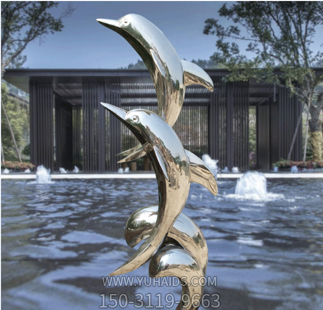 不銹鋼鏡面海豚,園林水景戲水裝飾動物景觀雕塑
