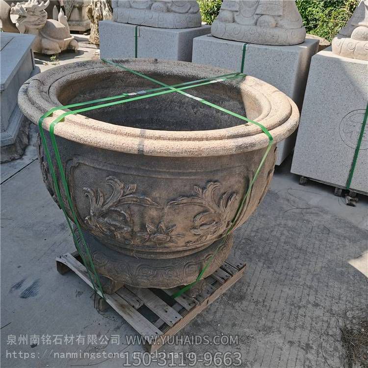 石雕復古荷花缸 飯店酒店做舊石雕魚缸裝飾擺件雕塑