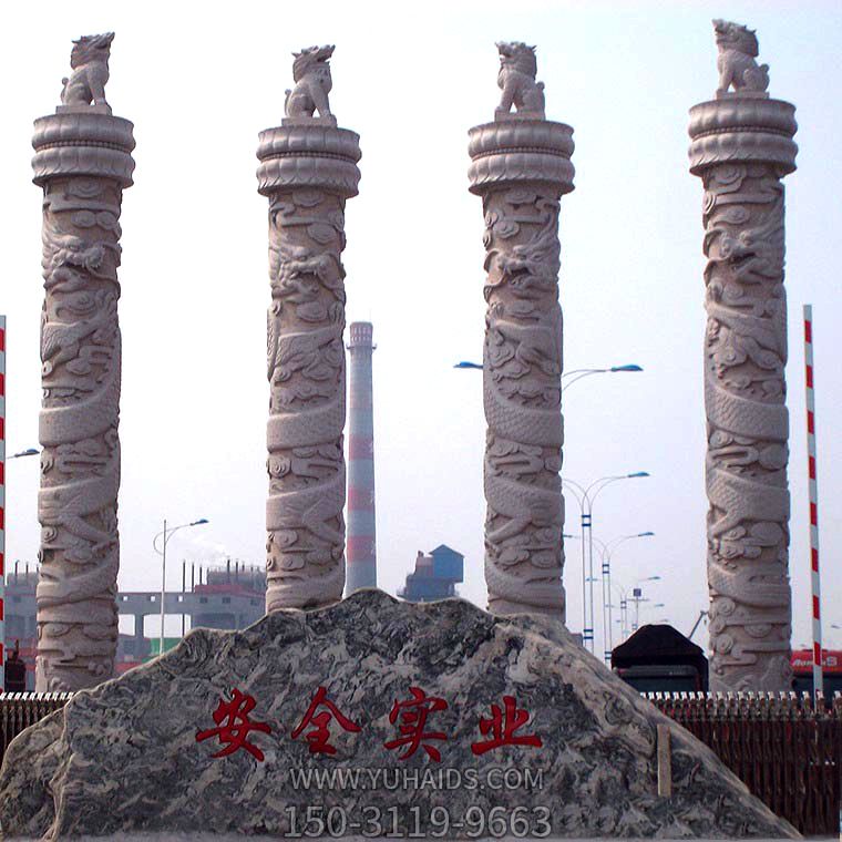 企業門口擺放大理石華表龍雕刻石柱雕塑