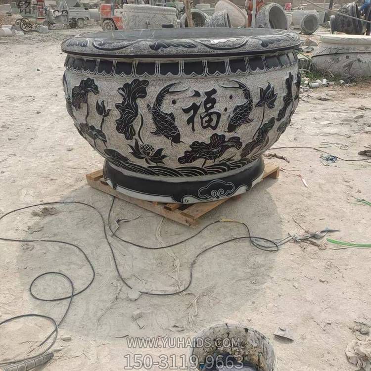 庭院擺放大理石浮雕荷花鯉魚(yú)圓形做舊水缸雕塑