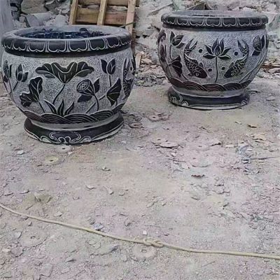 鯉魚，荷花，荷葉紋飾石雕水缸