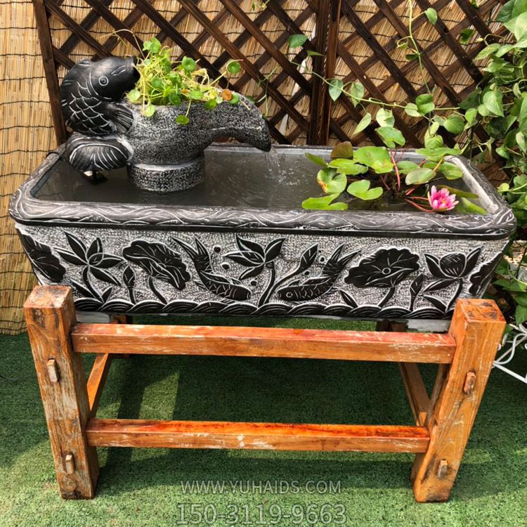 石雕大理石招財魚缸 青石做舊花盆庭院裝飾景觀養魚老石槽雕塑