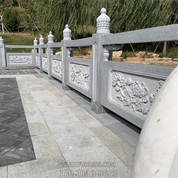 石雕欄桿，菊花紋石欄板雕塑