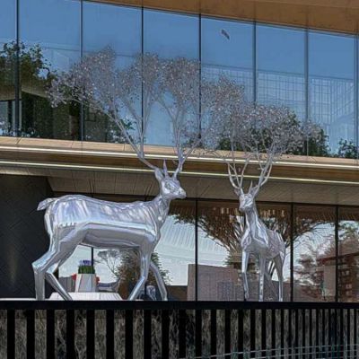 酒店戶外不銹鋼鏡面拋光鹿小品景觀雕塑