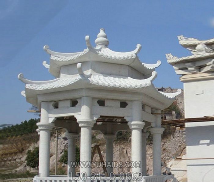 戶外景區裝飾漢白玉雙層鏤空涼亭擺件雕塑