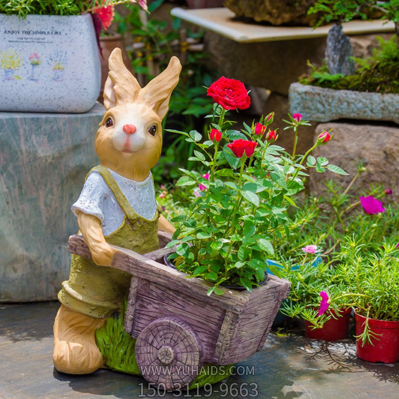 公園景區(qū)玻璃鋼彩繪推著花盆車的兔子雕塑