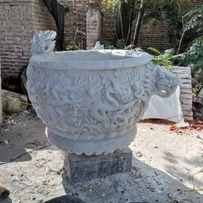 漢白玉浮雕龍頭養魚水缸別墅園林景觀雕塑