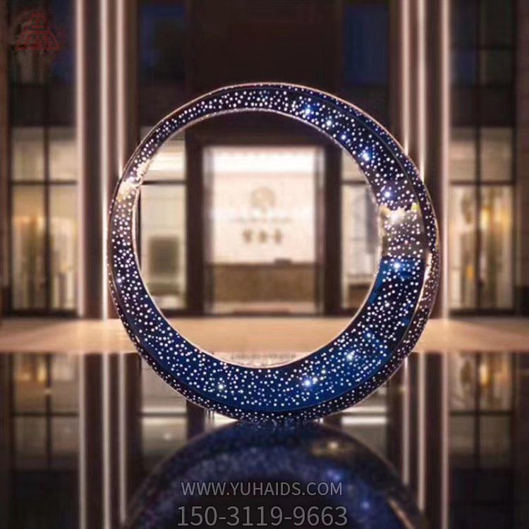 酒店會所大型不銹鋼鏤空水景圓環擺件雕塑