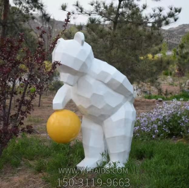 公園大型不銹鋼幾何創(chuàng)意拍球的熊雕塑