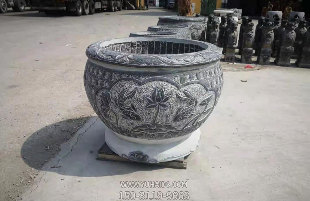 庭院別墅創意仿古石雕浮雕荷花鯉魚缸雕塑