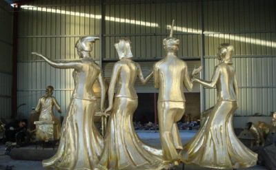 傣族少數民族跳舞人物玻璃鋼仿銅雕塑