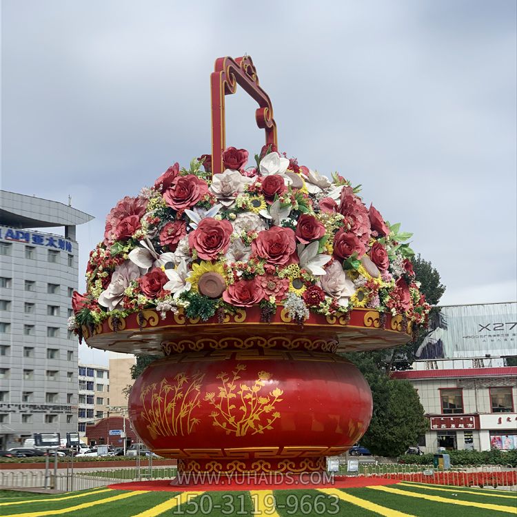 玻璃鋼彩繪國慶花卉戶外廣場大型花籃雕塑 玻璃鋼彩繪國慶花卉戶外廣場大型花籃雕塑
