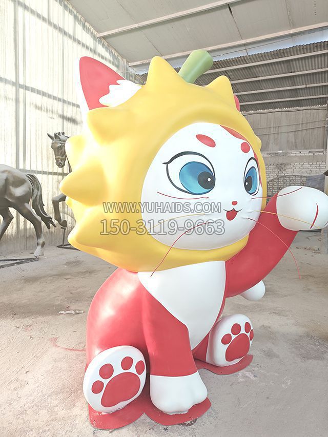 玻璃鋼卡通貓咪，招財貓雕塑