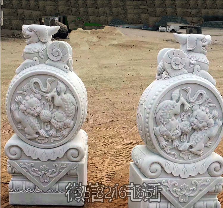 招財進寶漢白玉貔貅抱鼓石門墩