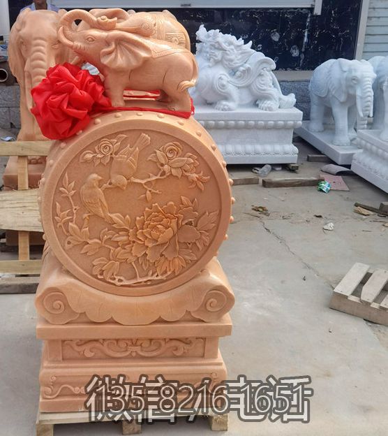 晚霞紅大理石大象抱鼓石門墩擺件