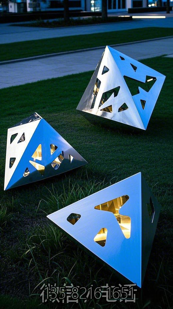 鏡面鏤空發光不銹鋼幾何石頭雕塑