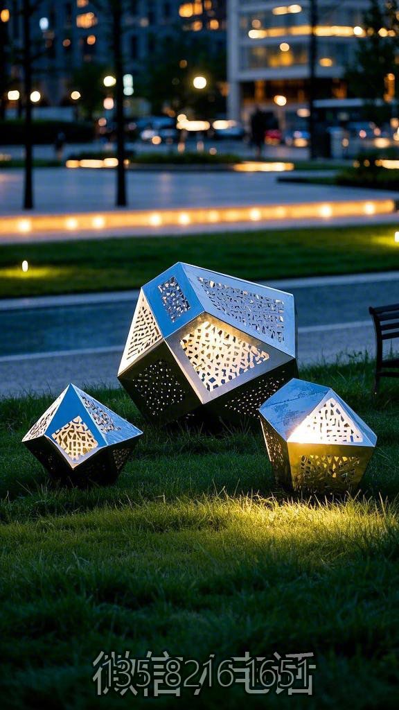 鏤空發光不銹鋼幾何石頭雕塑