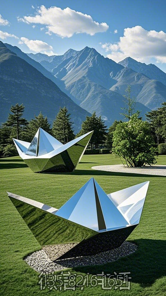園林草坪不銹鋼鏡面小船雕塑