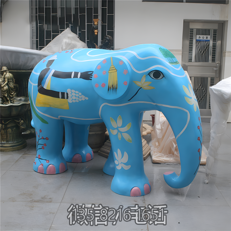 游樂園美陳落地擺件玻璃鋼樹脂藍色涂鴉大象裝飾雕塑