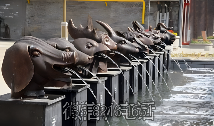 別墅小區定制噴泉流水景觀擺件玻璃鋼仿銅吐水十二生肖雕塑