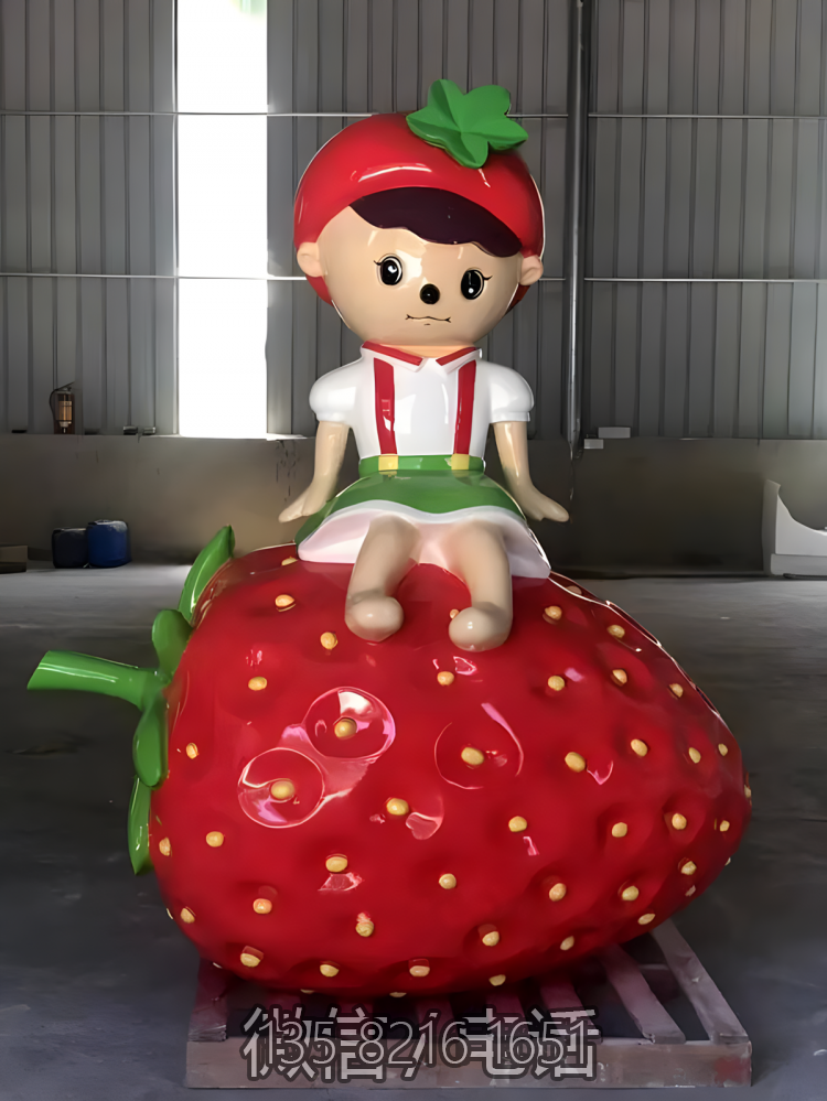 坐在草莓上的卡通小孩雕塑