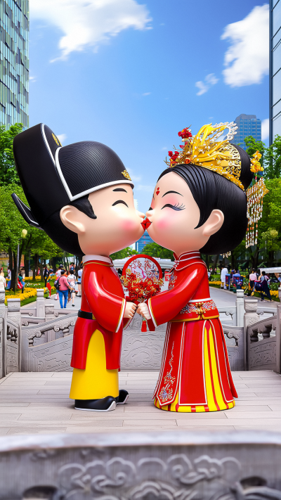 親吻的新郎新娘彩繪古裝人物雕塑
