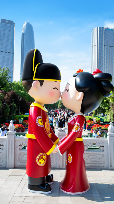 玻璃鋼古代新郎新娘雕塑