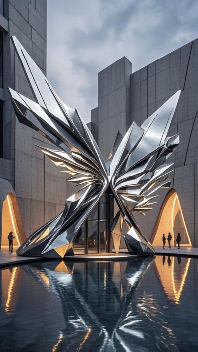 機械翅膀大型鏡面不銹鋼雕塑